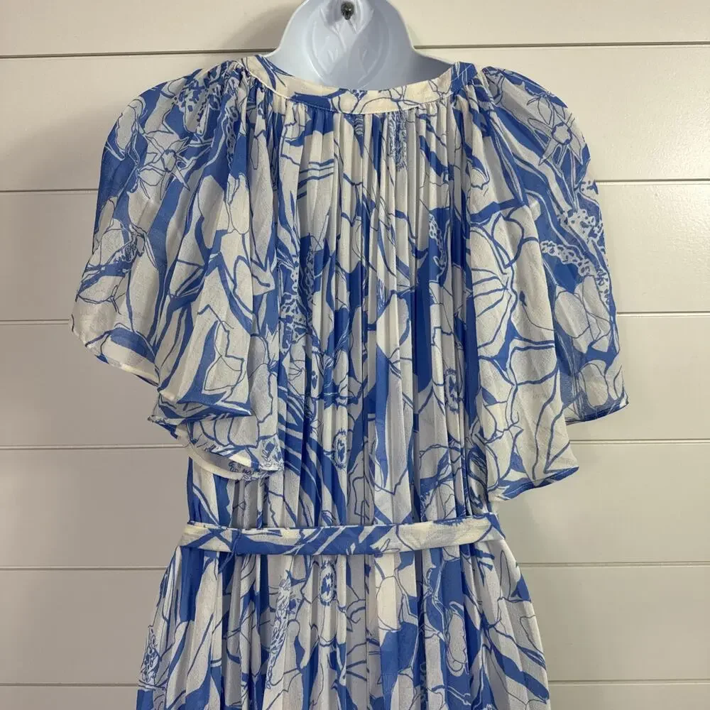 Anthropologie Pleated Button Front Dress Belted Blue White Floral Print sz M